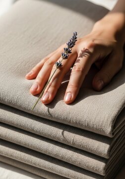Tactile Comfort: Hand resting on a stack of textured beige linen bedding