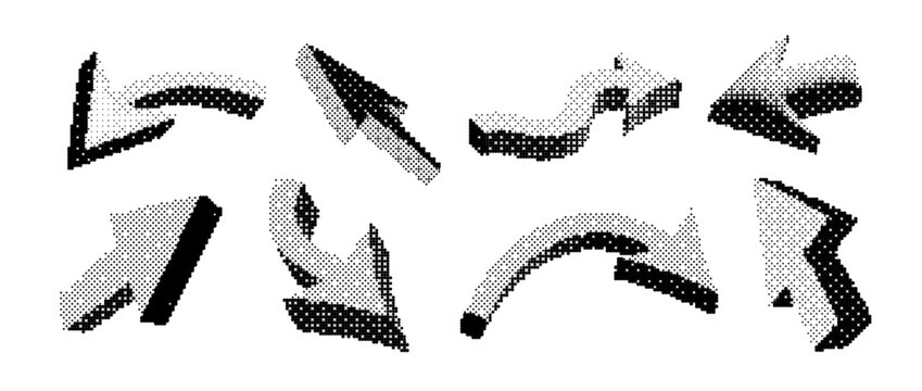 Black halftone arrow symbol set. Dotted arrowhead shape collection. Comic pop art direction or navigation icon bundle. Vector bitmap curved and straight pointer sign pack for infographic report poster