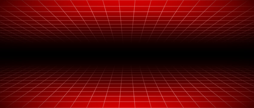 Red glow neon wireframe background. Dark red shining checkered grid floor plane in perspective. Bright retro futuristic horizon wallpaper. Arcade game sci fi matrix landscape surface. Vector backdrop