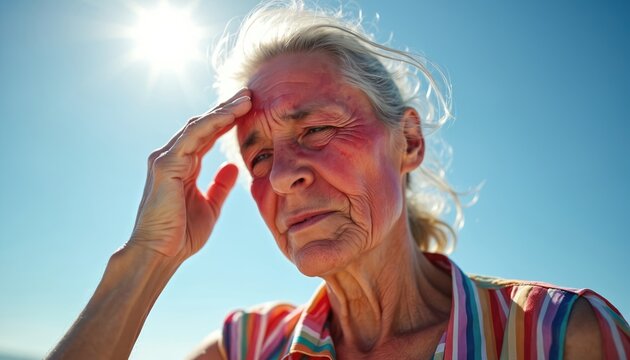 Elderly woman with flushed face and hand on forehead, suffering from intense sun. Blue sky background. Risk of sunstroke, heat exhaustion, dehydration.