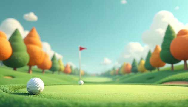 Stylized cartoon golf course with green hills, colorful trees, and a white ball on the putting green. Red flag marks the hole in distance. Bright sky with soft clouds.