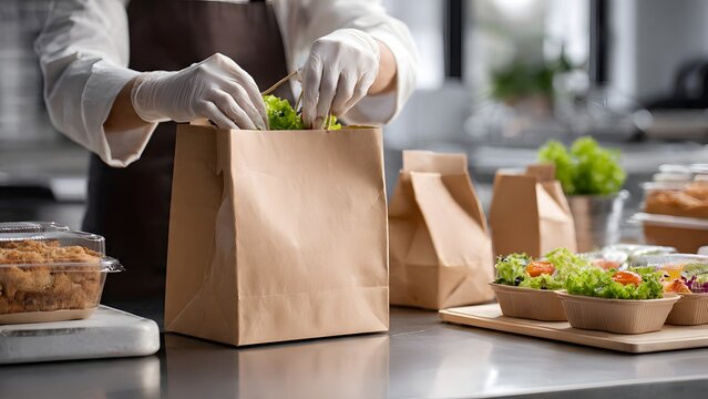 Tech enabled modern food delivery concept showing safe salad packing workflow on stainless counter with white gloved worker and digital order screens