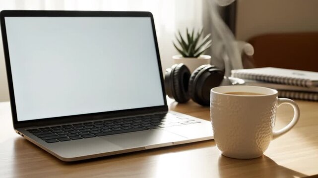 Cozy Workspace with Laptop, Coffee and Headphones, Perfect for Study or Work Environment