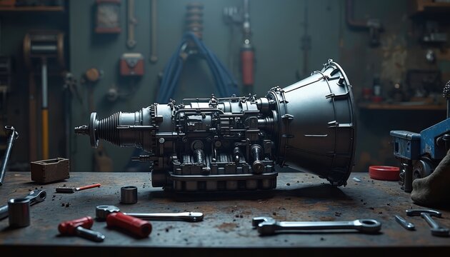 Disassembled heavy duty vehicle transmission sits on workshop bench. Tools, parts surround machine component for auto repair industrial manufacturing. Mechanic inspects complex gearbox for