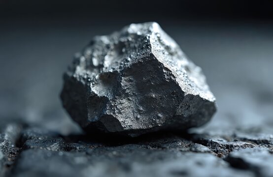 Rough zinc ore mineral piece with metallic sheen rests on dark grey surface. Natural metallic stone texture shows raw geological material for industry.