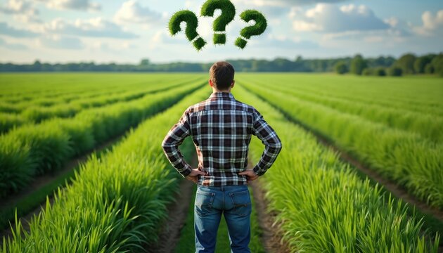 Man in field considers farm future. Three grass question marks float above his head. Green rows stretch to horizon under cloudy sky. He thinks about crop yield and planning.