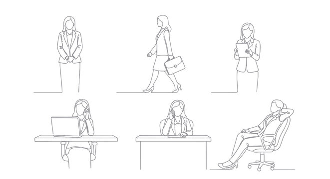 Business Woman Line Art: Office Scenes, Professional Women, Vector