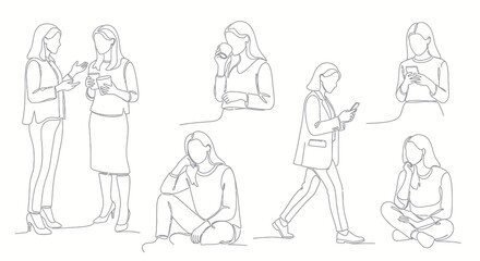 Obraz premium Diverse women line art, coffee break, phone use, business and casual