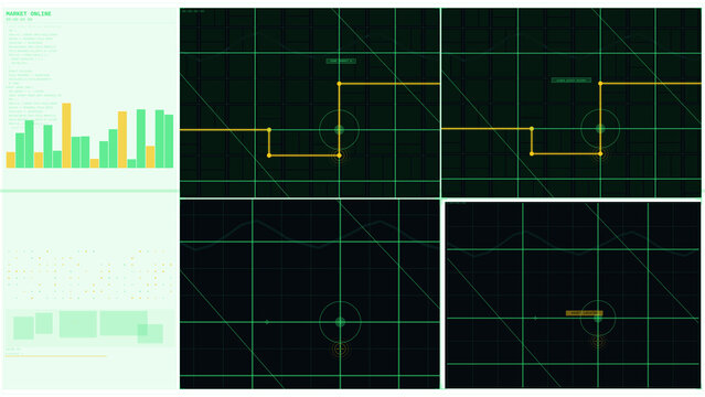 Digital interface screen displaying data visualizations charts and graphs on a grid background.