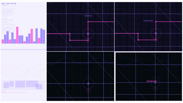 Sci-fi user interface with purple and pink graphs and charts on a dark grid background.