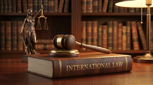 Wooden Gavel Resting on International Law Book with Lady Justice Statue in Legal Library