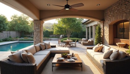 Fototapeta premium Covered patio with pool view. Comfortable wicker furniture sets with plush cushions. Outdoor dining table and chairs ready for meal. Stone accent walls and ceiling fan.