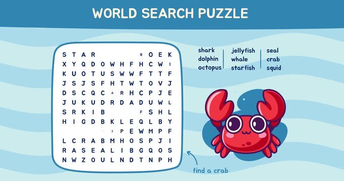 Word search puzzle. Worksheet for kids with cute crab and words related to sea creatures. Moving banner with educational game or crossword for learning English. Flat Human made animated cartoon