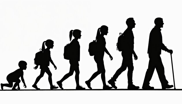 Black, white silhouettes show human development from baby to elderly. Figures walk from left to right, journey through life stages, aging. Progression represents growth, passage of time.