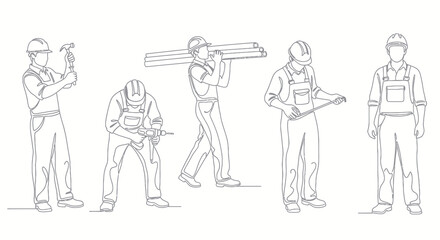 Obraz premium Construction Workers Line Art: Hammer, Drill, Pipes, Measuring Tape
