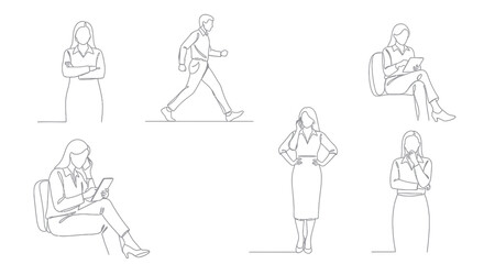 Fototapeta premium Business Woman Line Art: Poses for Meetings, Work Thinking