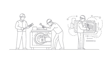 Fototapeta premium Engineers fixing machinery, line art, industry, repair, teamwork
