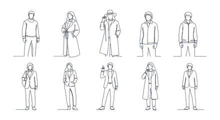 Obraz premium Black and White Line Art of People in Winter Fashion