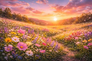 Fototapeta premium 夕焼けに染まる春の花畑 暖かい光の風景背景