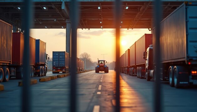 Semi-trailer trucks line up at a port gate during sunset. Cargo containers await inspection. A tractor moves slowly on the road. Logistics and transport operations.
