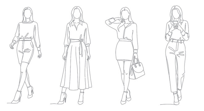 Fashion Line Art: Four Women in Stylish Outfits, Vector Illustration