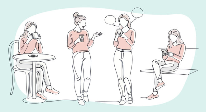 Line art of four women socializing and using phones at a cafe