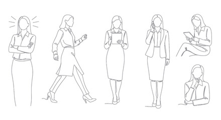 Fototapeta premium Businesswomen Line Art - Diverse Poses, Professional Women