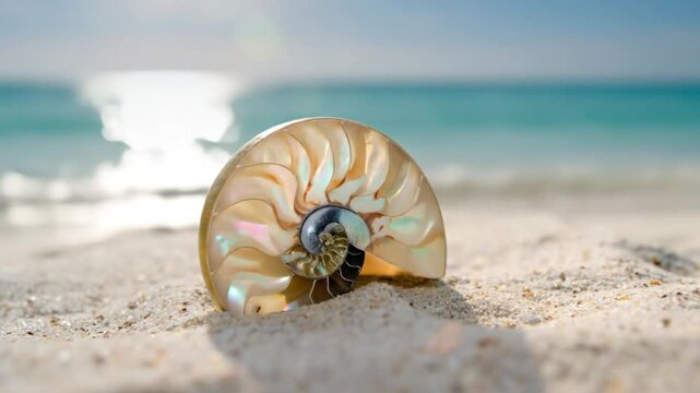beautiful nautilus seashell rests on a sandy beach with the sun reflecting off the ocean waters in the blurry distance creating an aquatic seashore scene