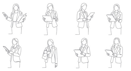 Obraz premium Businesswoman Line Art: Holding Document, Phone, Tablet, Report