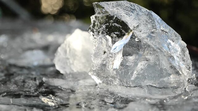 piece of clear ice in a frozen slush against a blurred garden background. Frost and cold weather