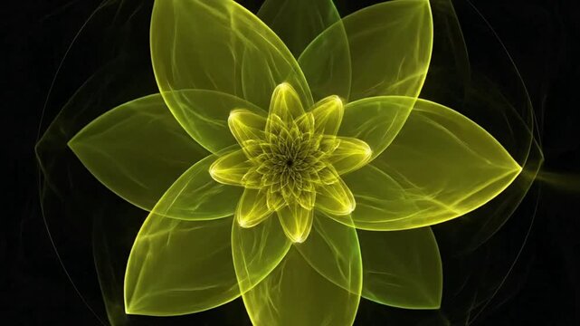 radiant artistic depiction of a flower exhibiting abstract shapes and vibrant shades of chartreuse and yellow within a symmetrical beautiful composition