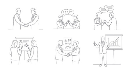 Fototapeta premium Business Meeting Line Art: Handshake, Presentation, Dialogue, Teamwork
