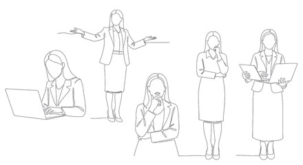 Obraz premium Businesswomen line art: working, presenting, thinking, holding laptops