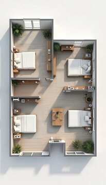 Modern apartment blueprint view. Interior layout shows three bedrooms kitchen living area. Includes furniture balcony plants. Realistic 3D architectural visualization.