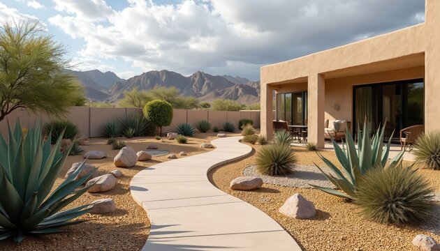 Modern desert backyard with curving concrete path, native plants, and mountainous backdrop. Contemporary home exterior features patio with outdoor seating. Xeriscaping reduces water use.