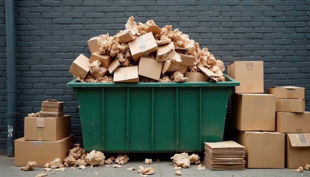 Green dumpster overflow with cardboard boxes and crumpled paper. Stacked boxes near dumpster, brick wall background. Waste disposal problem concept.
