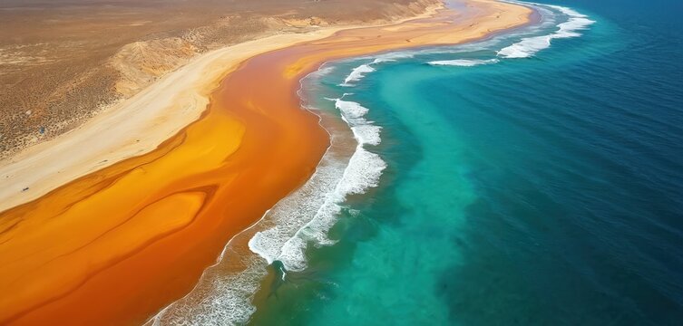 Aerial drone view shows stunning orange sand dunes meeting turquoise blue ocean. Waves crash on sandy shore. Natural abstract land sea forms create vibrant coastal pattern.