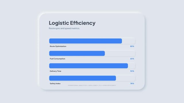 Logistic Efficiency Dashboard with Neumorphic Progress Bars Animated on White Background for Supply Chain Analytics and Data Management