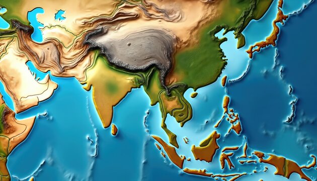 Detailed relief map of South Asia showing mountains, oceans, islands. Colorful graphic displays landforms with shaded elevation for geographic study. Explore continent features on cartographic