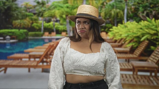 Woman with exposed stomach and straw hat shrugs shoulders at a poolside building with lounge chairs and palm trees visible; annoyed resignation.