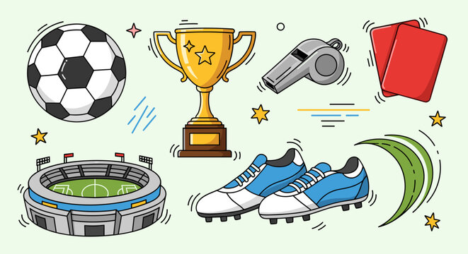 A colorful vector illustration of soccer icons and equipment for sports design