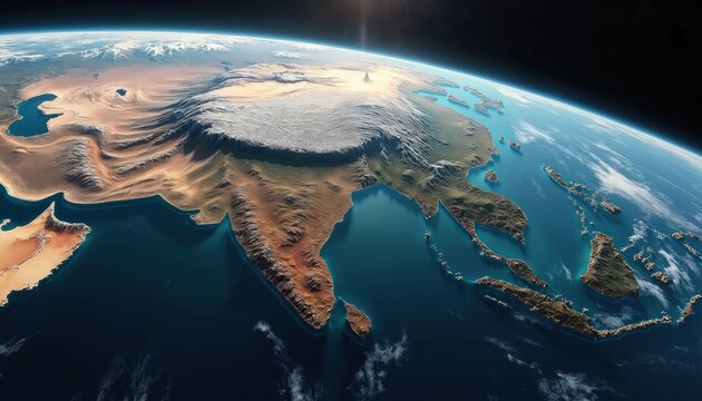 View from space shows Indian subcontinent landmass and surrounding islands. Majestic Himalayan mountains create a white border. Blue oceans and green lands are visible with detailed terrain.