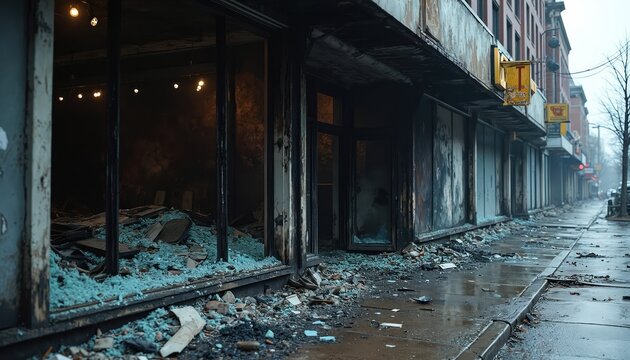 Burned out commercial building storefront after fire. Shattered glass debris covers sidewalk, street. and destruction evident on building facade, city street.
