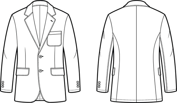 Men blazer jacket template, front and back view formal wear flat vector