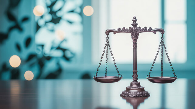 Traditional brass balance scale with hanging weights against a blurred green foliage background