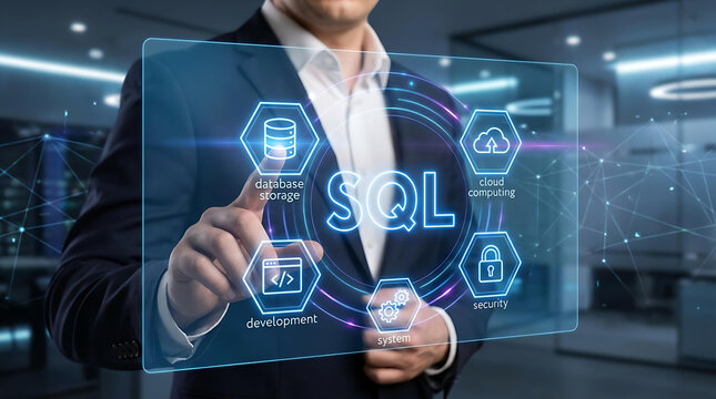 IT professional touching virtual screen with SQL database and cloud computing concept interface