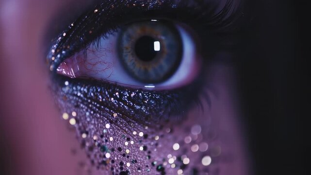Close-up of an eye with dramatic glitter makeup