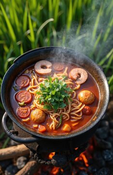 Traditional Indonesian seblak soup cooks over campfire. Noodles meatballs sliced sausage and vegetables simmer in spicy broth. Outdoor cooking uses rustic stove and firewood in green fields.