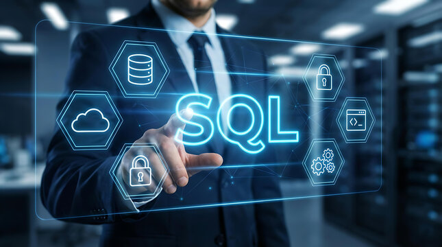 IT professional touching virtual screen with SQL text and database management concept icons in server room