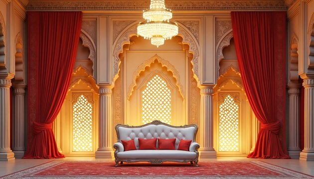Ornate indian palace interior features white tufted sofa with red cushions. Lavish setting with red drapes crystal chandelier and golden arches. Perfect for cultural event or wedding.